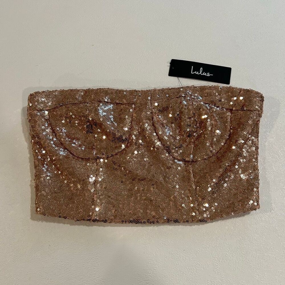 Lulus Rose Gold Sequin Bustier Crop Top Size S NWT Party Holiday Strapless